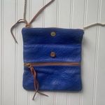 Handmade Italian Italy Leather Crossbody Purse Boho Fringe Embossed Floral Blue Gold NWOT Photo 5