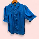 Worthington Cute aquamarine floral outlines ruffle puff sleeve button front blouse office Photo 0