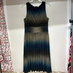 Newport News  Sleeveless Midi Dress 16 Large SHINY Teal Blue Brown CRINKLE RawHem Photo 5