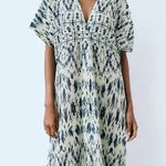 ZARA NWT  Printed Ramie Midi Dress Double V-Neck‎ Size Medium Beach Cover-Up Photo 0