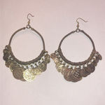 Brass Tone Aged Gold Tone Coin Dangle Boho Retro Hoop Earrings Photo 5