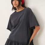 Free People  Large Why Yes Free Tunic T-Shirt Ruffle Hem Black Oversized Relaxed Photo 0