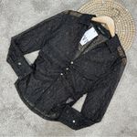 ZARA NWT Women’s Ruched Front Lace Blouse Top V-Neck Sheer Shimmer Black Gold M Photo 3