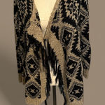 Cato Black Tan Women's Open front fringe geometric long sleeve Sweater size L Photo 0