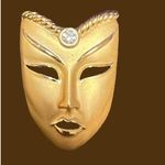 Vintage Theater Mask Brooch Pin Earring set gold tone crystal NWOT Masquerade Photo 3