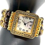 Japan Movt Mother of Pearl Face w/ Wooded & Gold tone Beads Stretch Watch Brown Photo 3
