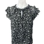 Old Navy Black Chiffon Floral Print Ruffle Short Sleeve Keyhole Blouse Top Sz L Photo 0