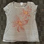 Sunday women's S top black/white stripe with floral cap sleeves scoop neck EUC Photo 0