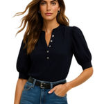 Veronica Beard  Coralee Puff Sleeve Ribbed Top Blouse Black Photo 0