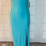 Blashe NWT Turquoise Halter Stretch Satin Crisscross Open Back Long Gown Medium Blue Photo 0