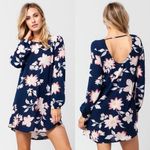 Billabong  Blue Floral Dress Heart Strayed‎ Back Strap Long Sleeves A-Line Small Photo 1