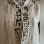 Chico's Crean W Gold Shimmer & Jewel Embellished Linen Long Sleeve Hook Eye SZ 1 Photo 1