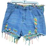 SheIn Neon Trimmed Distressed Raw Edge Denim Short Photo 0