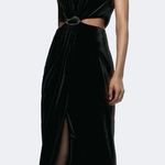 ZARA  NWOT velvet velour cutout sides black maxi dress with gold brooch detail Photo 8