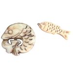 Vintage Lot of 2 Carved Jade Stone Koi Fish Pendants Circular Charm 2" Each Photo 0