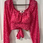 Madden NYC Heart‎ Print Tie Front Crop Top Long Sleeve Blouse Size L Pink Size L Photo 0
