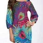 Trina Turk Kerry Peacock Feather Print Silk Blend Shift Dress Multicolor Sz 2 Photo 0