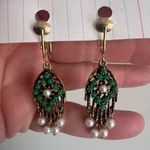 Sarah Coventry Heirloom Treasure Dangle Earrings Jade Pearl Gold Tone VTG Green Photo 2
