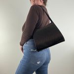 Vintage 90s Black Dark Brown Shiny Faux Leather Croc Embossed Shoulder Bag Photo 1