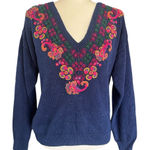 Portraits Northern Isles Vintage Knit Sweater Floral Paisley Embroidered Large Blue Photo 0