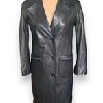 L’Univers Du Luxe Black Leather Longline Trench Coat Zipper Pockets Button Down Black Photo 0