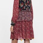 ZARA Floral Patchwork Tiered Pompom Semi Sheer Peasant Mini Dress M Black Red Photo 4