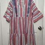 easel Striped Multicolor V-Neck Embroidered Tiered Dress with pockets | size S Photo 1