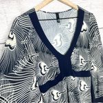 Navy Blue & White Boho Patterned Kimono Tie Back Blouse Top Size Large Photo 3
