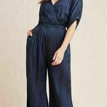 Anthropologie Maeve Jacqueline Jacquard satin leopard print wide leg jumpsuit size xsmall blue Photo 0