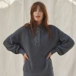 Lunya Good in Bed Waffle Sweater Cotton Silk Henley Onyx Front Button Heavy Knit Gray Size M Photo 5