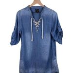 Twelve by Ontwelfth Bamboo Cotton Denim Tie Front Mini Dress Women's Size Small Blue Photo 0