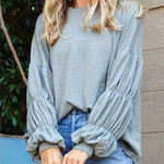 Women’s Boho Chic Wisteria Blue Shirred Long Sleeve Lantern Solid Knit Top Large Size undefined Photo 0