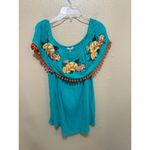 JODIFL Turquoise Embroidered Floral Off Shoulder Pom Pom Top Medium Photo 5