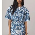 Farm Rio NWOT  Linen Lace Nature Short-Sleeve Crop Wavy Blouse Size L Blue Photo 2