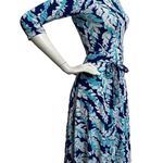 Leota  Women's XS Dress Tie Waist Fit & Flare ¾ Sleeve Blue Green Floral Hawaiian Photo 2