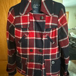 American Eagle Wool Blend Outfitters Red and Navy Plaid Pea Coat Photo 0