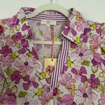Entro  Floral Button-Up Puff Sleeve Blouse with Stripe Detail on Sleeve and Neck Photo 1