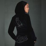 OVO Women’s Velour Crystal Owl Zip Up Hoodie October's Very Own Drake size small Black Photo 1