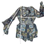 AELSON Women's Boho V Neck Paisley Print Flare Sleeves Romper Concert Sz XL Blue Photo 5