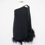 Betsy and Adam . Feather Trim Single Long Sleeve Cocktail Dress. Photo 1