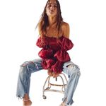 Free People Girls Just Wanna Bodysuit Puff Sleeve Velvet Smocked Womens Small Photo 1