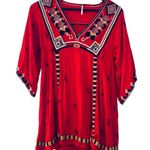 Free People Red V-Neck Shirt with Multi-Colored Geometric Embroidery, Size XS Photo 1