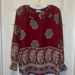 Pleione  Maroon Boho Print V Neck Long Sleeve Blouse S Photo 0