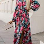 NEW Black & Bold Floral Print V Neck High Waist Long Lantern Sleeve Midi Dress Photo 0