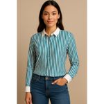 New York & Co. Teal Striped Button Down Shirt L Photo 1