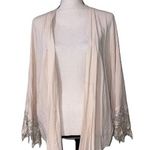 Double Zero  small women’s tan cardigan boho floral crochet back flaw shown Photo 0