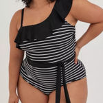 Torrid  Retro Chic Black Stripe Ruffle One-Piece Swimsuit Photo 0
