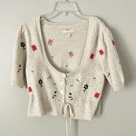 Urban Outfitters  Size M Beige Floral Embroidered Knit Puff Sleeve Cardigan Boho Photo 0