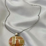 Early 2000's Whimsical Oval Chunky Orange Cream Checkered Pendant Necklace Silver Photo 0