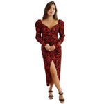 ASTR The Label Jamila Red Floral Puff Sleeve Ruched Bodycon Midi Dress M EUC Photo 2